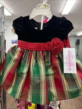 Bonnie Baby Black Velvet and Red Green Plaid Holiday Dress